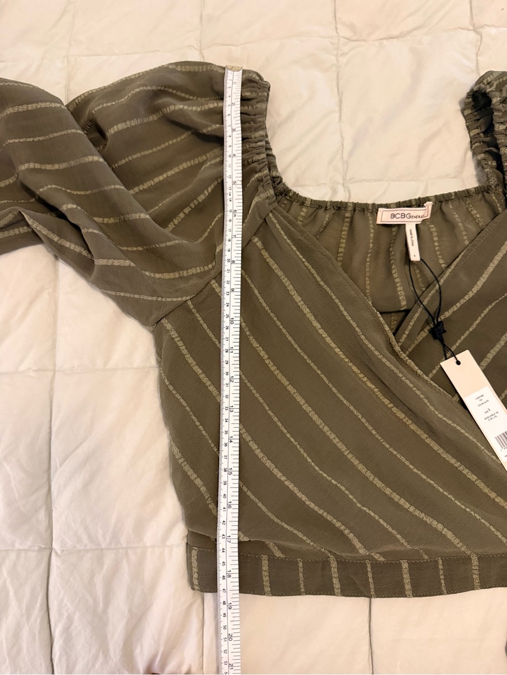 NWT BCBGeneration Olive Green Dobby Stripe Wrap Crop Blouse Small - Picture 13 of 13